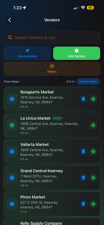 ShopMate screen showing local grocery store listings near Kearney