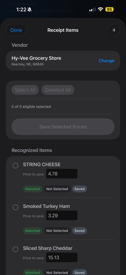 Pantalla de revisión de ShopMate con artículos y precios detectados